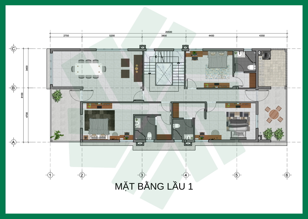 Thiết kế xây nhà biệt thự mái Thái tại Hóc Môn - Mặt bằng lầu 1