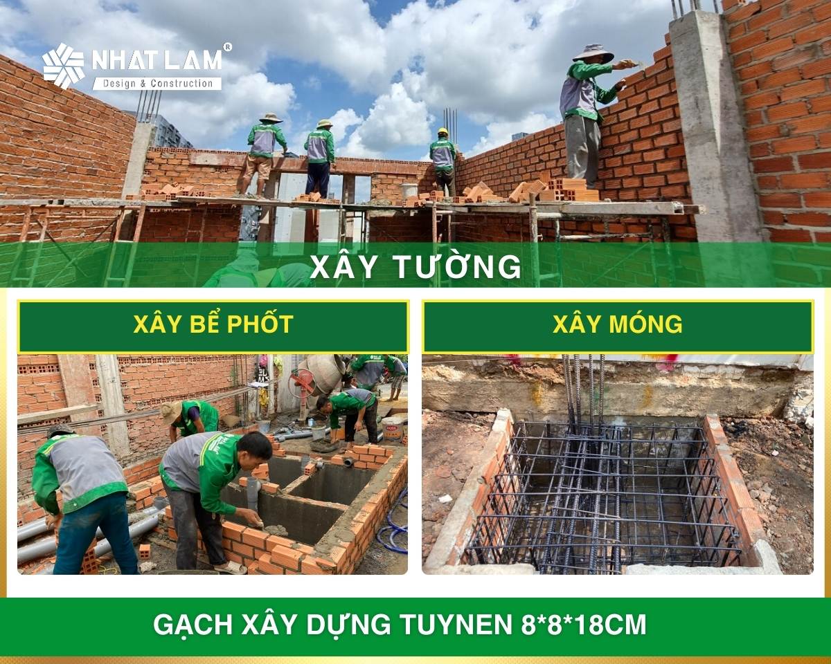 Gạch xây 8*8*18cm dùng cho tường bao, tường ngăn, bể phốt, hố ga gói xây nhà phần thô cơ bản